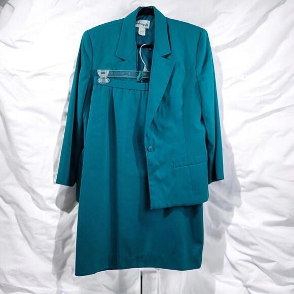 Vintage 60s-70s Henry Lee Suit Womans Size 12 2 pc Skirt Blazer Teal Green Lined - Picture 1 of 15
